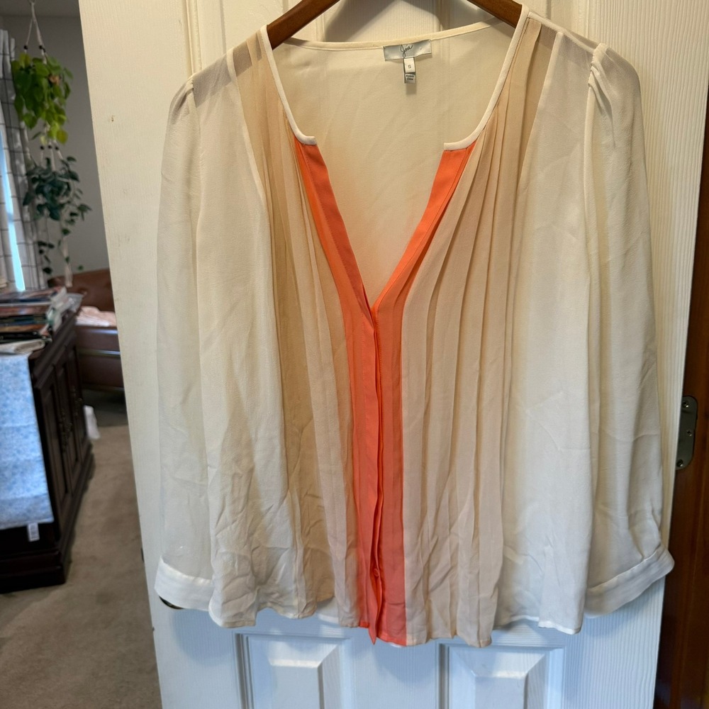 Joie Sinden Silk Blouse Small White Coral Orange Pleated Colorblock V-Neck Sheer